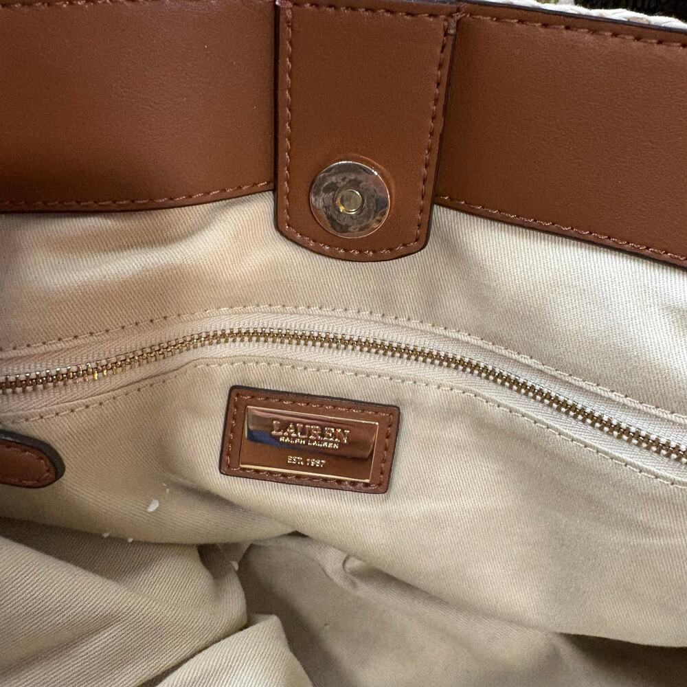 Lauren Ralph Lauren Whitney Medium Crochet Straw Tote Bag Tan Leather Tassel - Picture 10 of 16